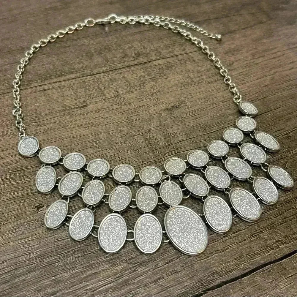 Vintage Silver Glitter Round Oval Drop Dangle Statement Necklace